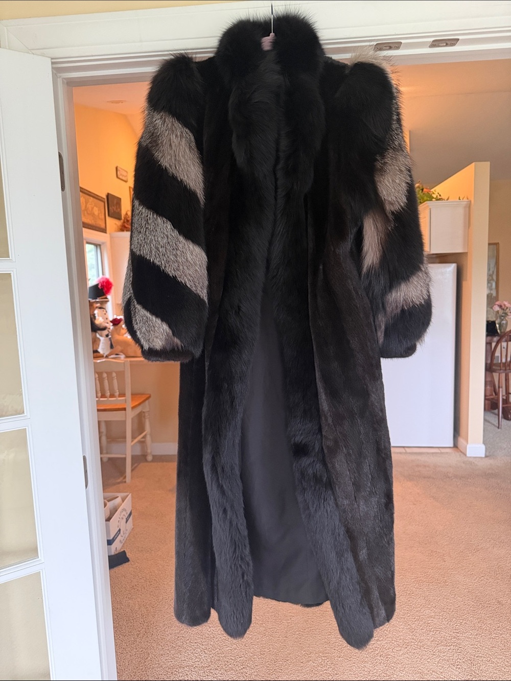Black Fur Long Coat with Gray-Striped Sleeves